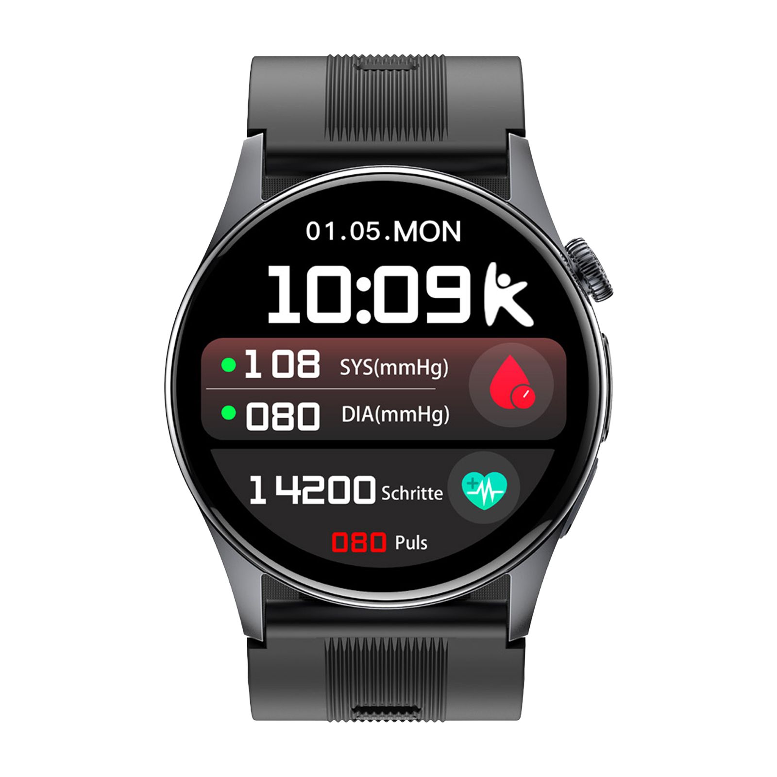 Smartwatch mit schwarzem Armband, zeigt Uhrzeit, Datum, Blutdruck und Schritte an.