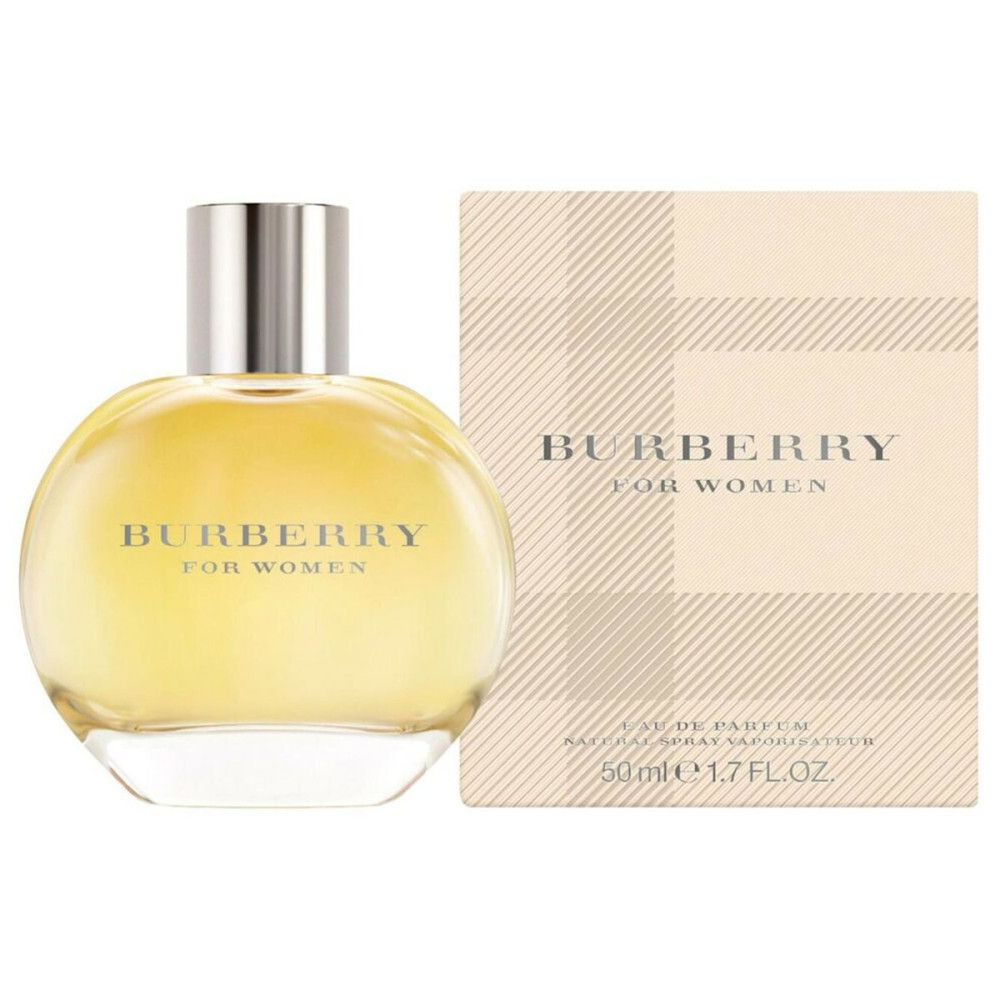 Runder Flakon mit silbernem Verschluss und Karton. Aufschrift: Burberry for Women. 50 ml.