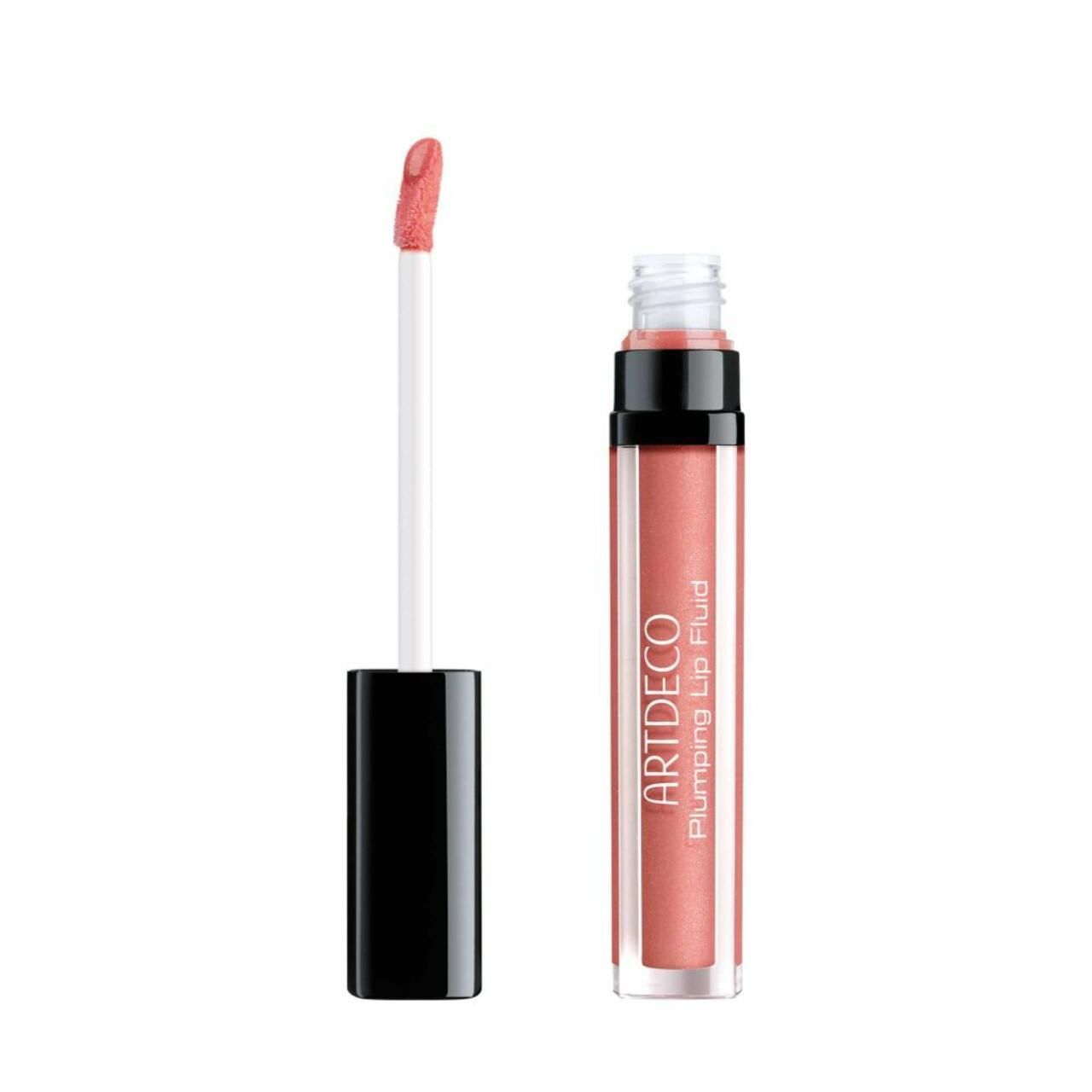 Artdeco Plumping Lip Fluid. Transparente Tube mit schwarzem Deckel. Applikator mit rosa Flüssigkeit. Produktname auf dem Tube.