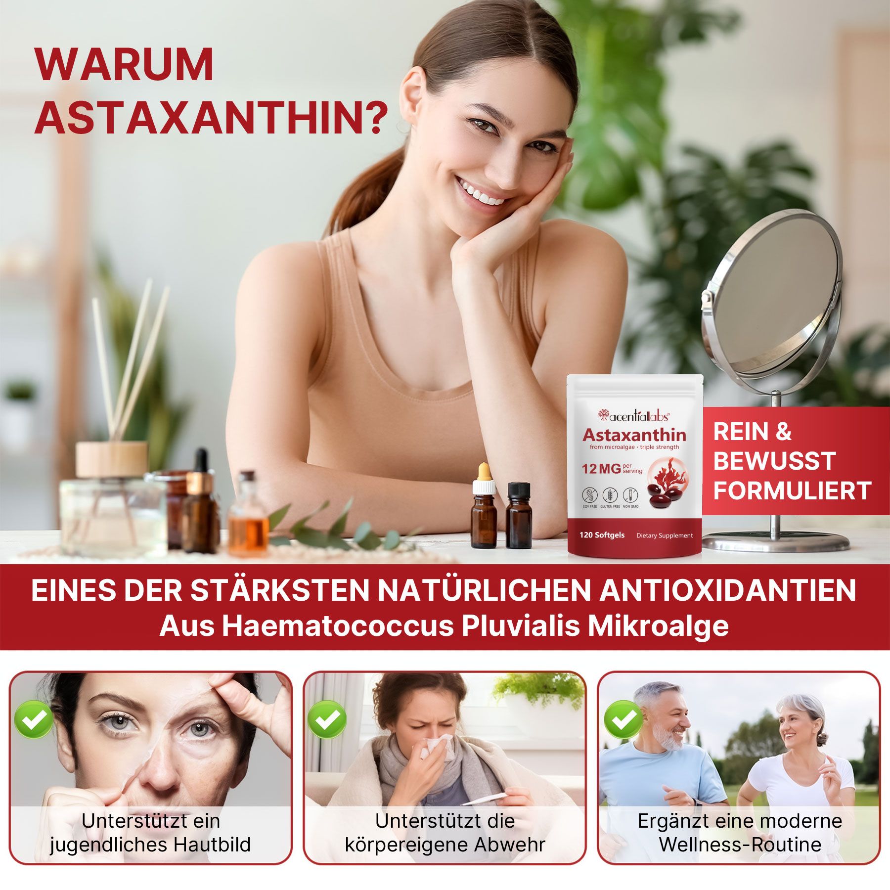 Aliver Astaxanthin Hochdosiert Antioxidans für Immunsystem mit Algenextrakt