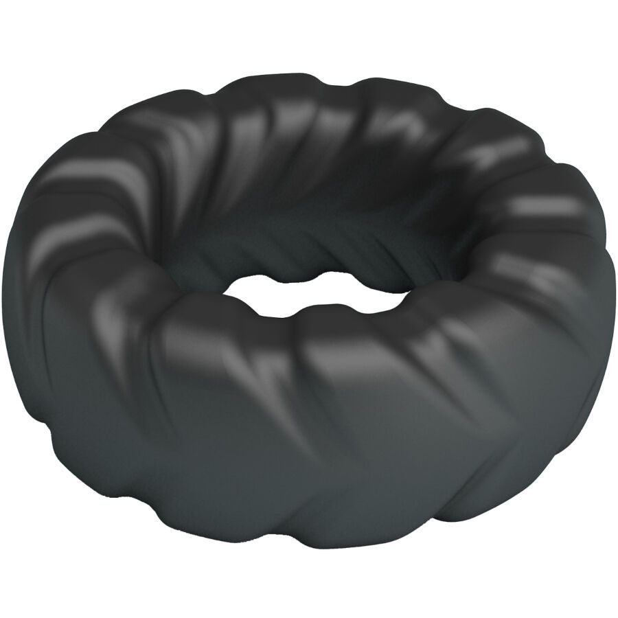 Schwarzer Penisring mit gedrehter, geriffelter Oberfläche. Ringförmig.