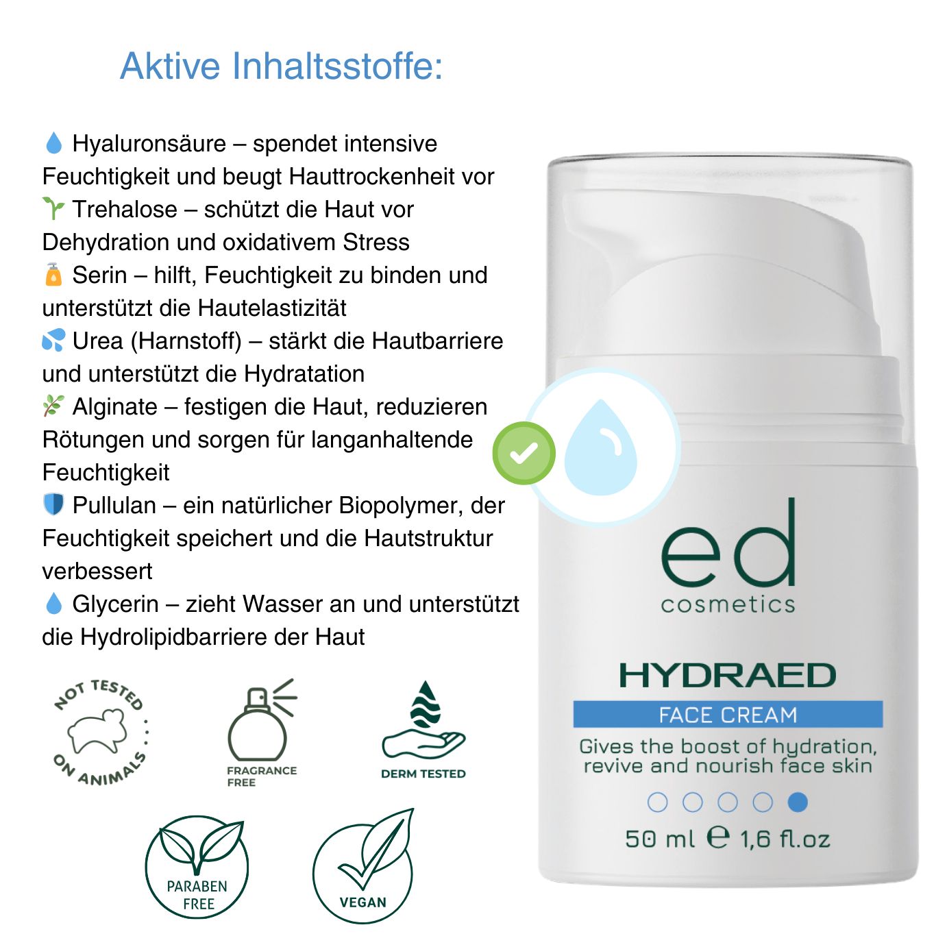 Creme-Flasche mit Inhaltsstoff-Liste. Aufschrift: ed cosmetics, HYDRAED FACE CREAM. Logos: nicht an Tieren getestet, parfümfrei, vegan.