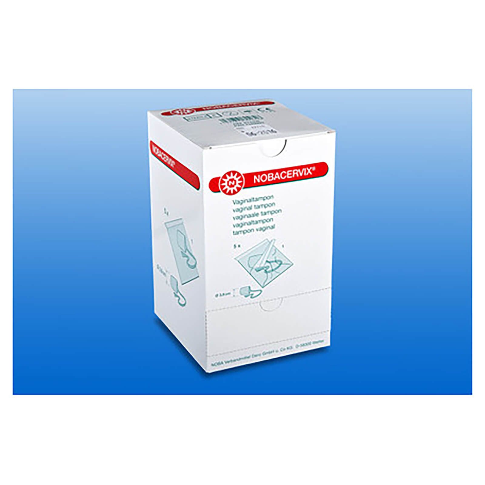 Kartonverpackung mit Produktabbildung und Beschriftung NOBACERVIX. Auf blauem Hintergrund.