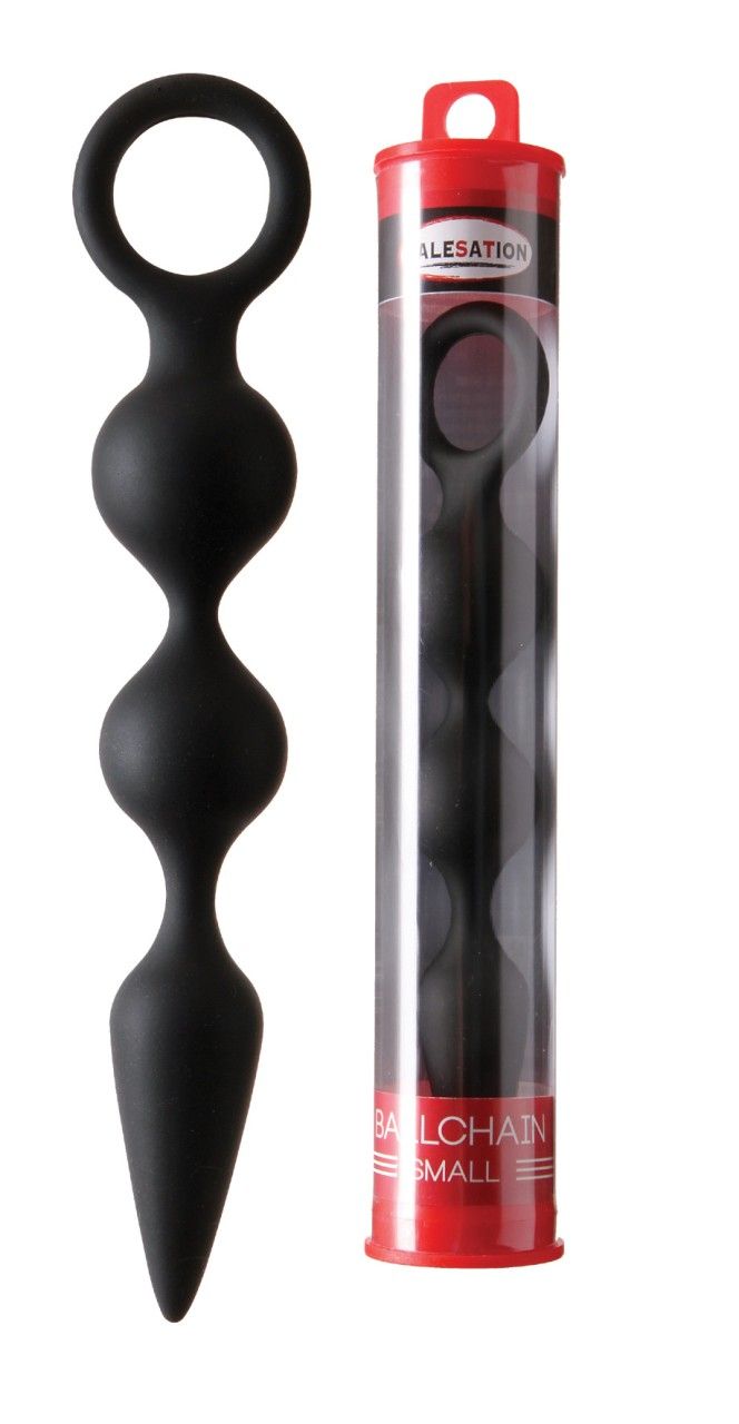 Schwarze Ballkette mit fünf Kugeln und einem Griff, in transparenter Röhre.
