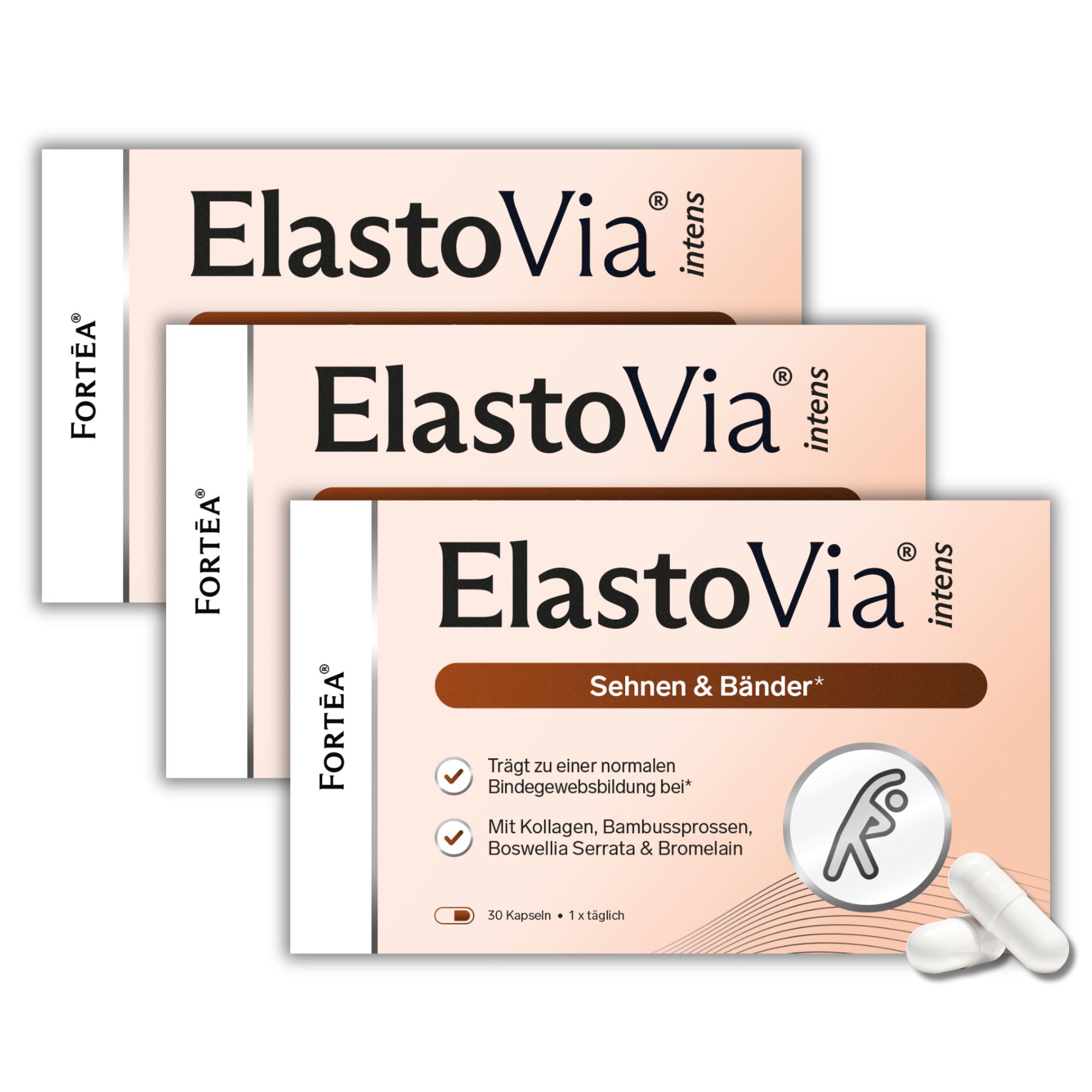 Drei Packungen ElastoVia® intens Sehnen & Bänder mit Kapseln.