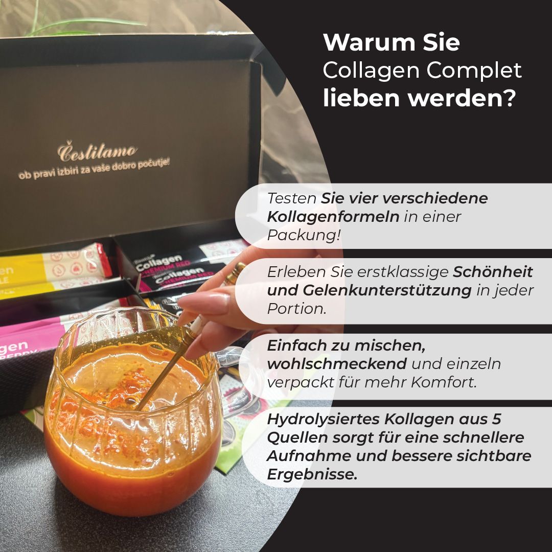 Biostile Collagen Komplett Packung mit Zutaten und Icons.