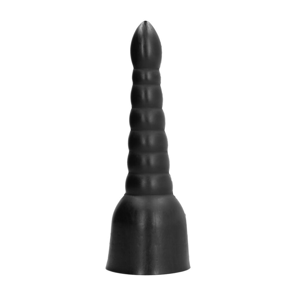 Schwarzer Dildo mit geripptem Schaft und breiter Basis.