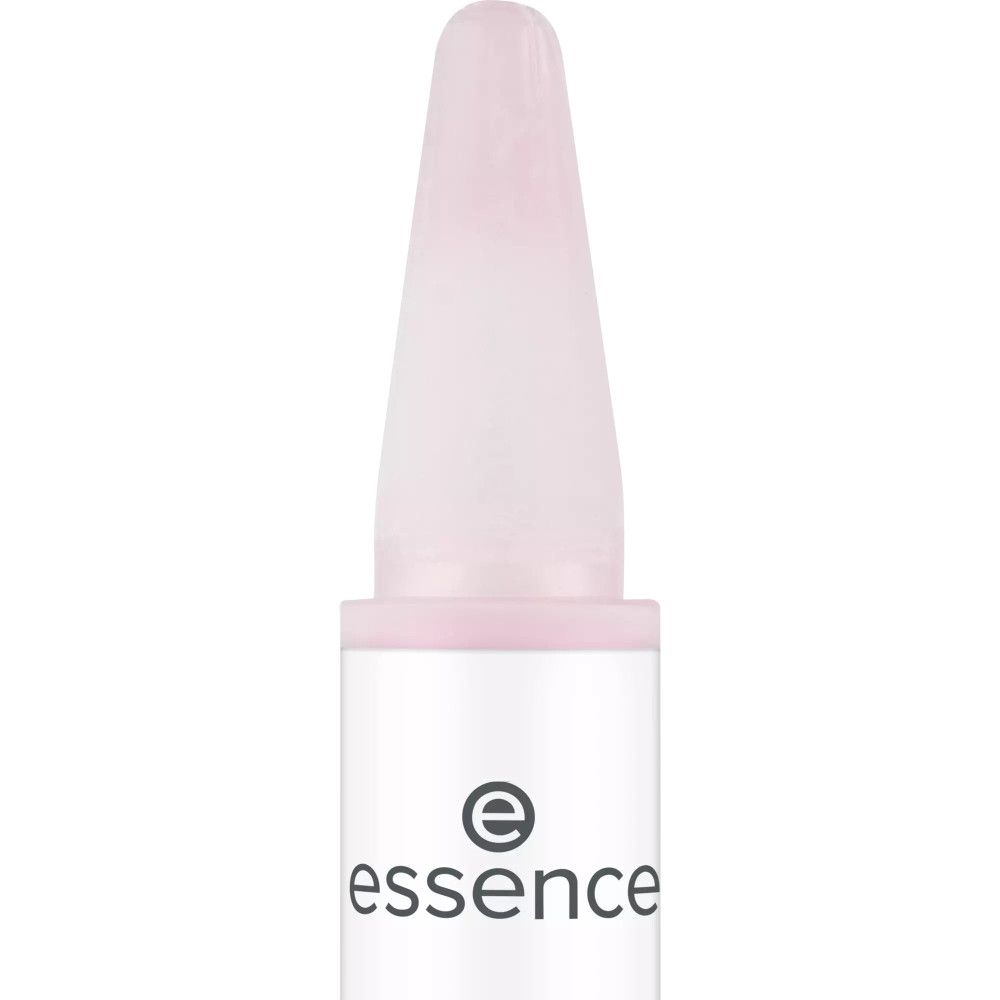 Nahaufnahme des Mini Nagelklebers. Marke: essence. Rosa Spitze und weißer Behälter.