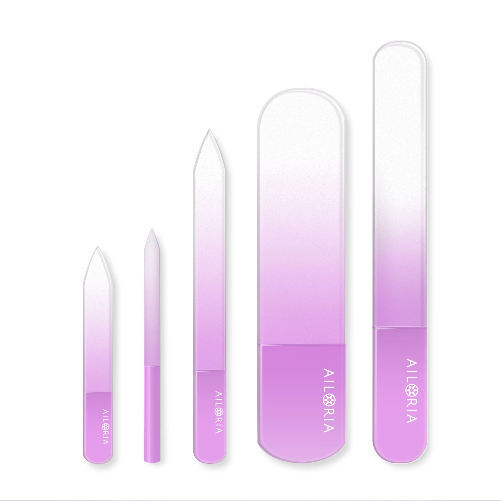 Nagelfeilen-Set mit verschiedenen Formen und Größen. Farbverlauf von transparent zu rosa. Marke AILORIA.