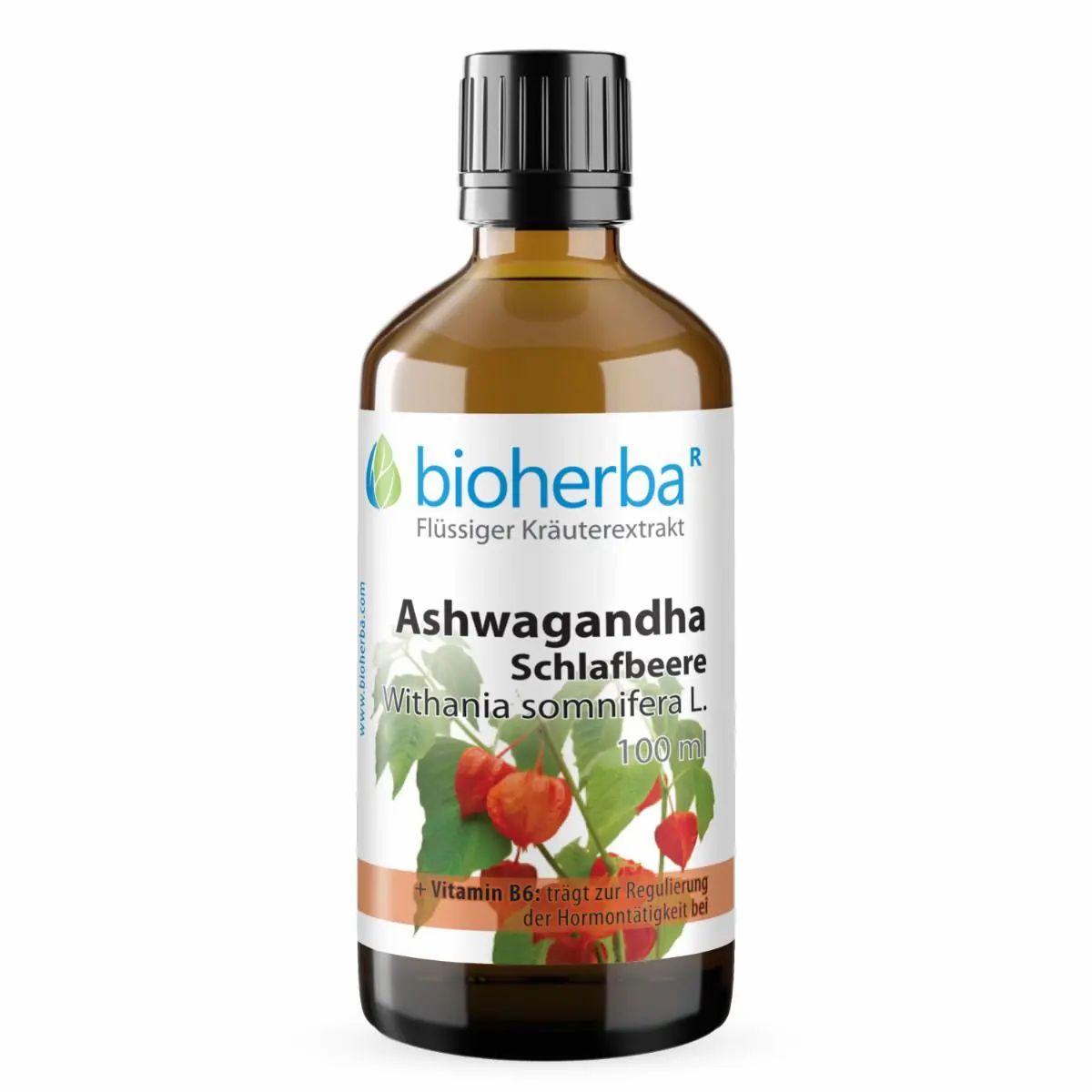 Braune Glasflasche mit schwarzem Deckel. Bioherba Ashwagandha Schlafbeere Tropfen Tinktur. Etikett mit Produktinformationen.