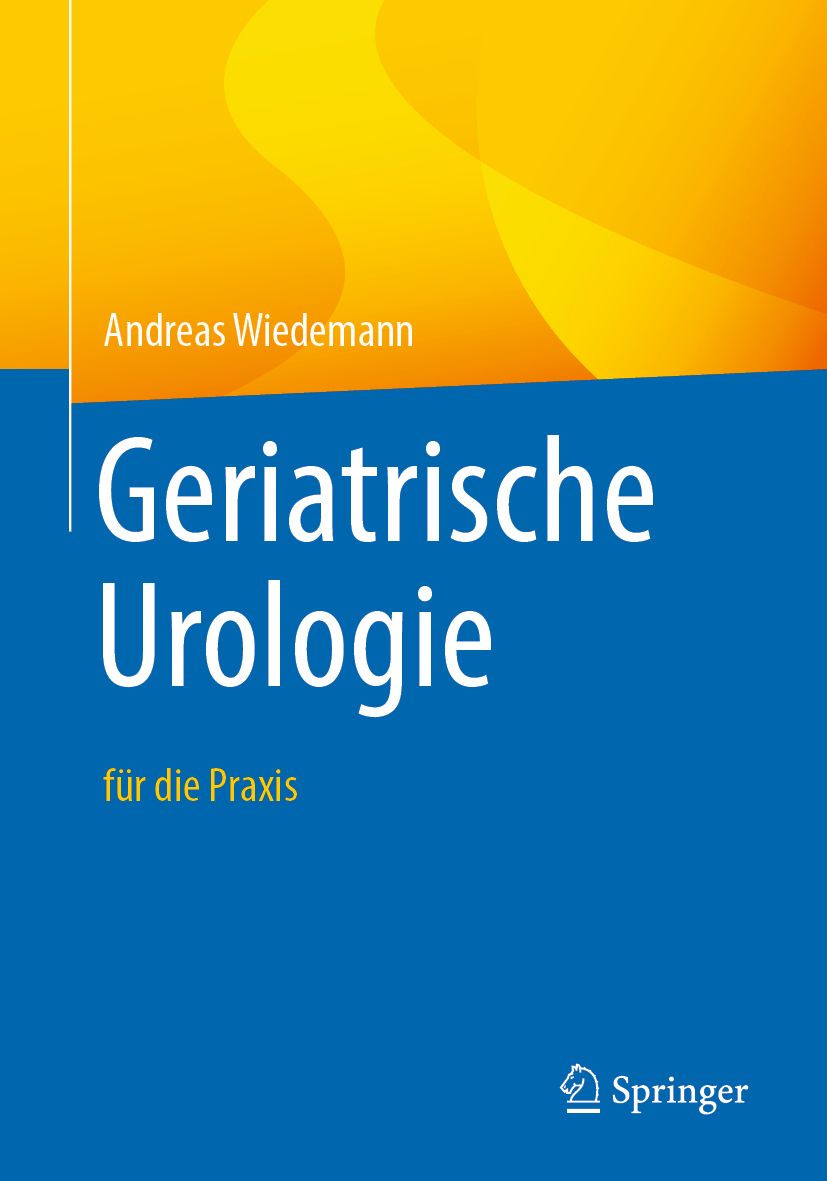 Buchcover: "Geriatrische Urologie" von Andreas Wiedemann. Blauer Hintergrund, gelbe Akzente. Springer-Logo.