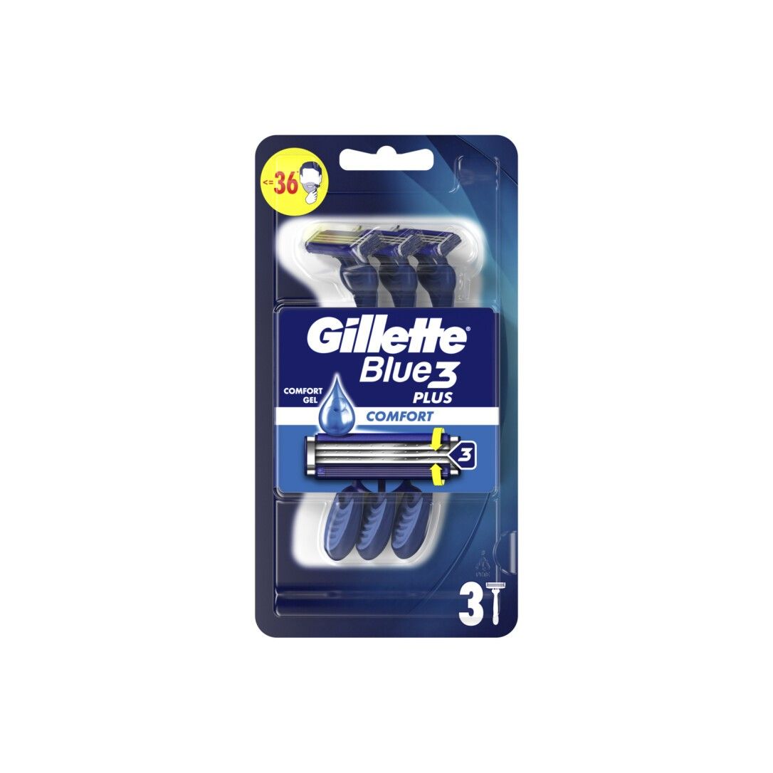 Gillette Blue 3 Comfort Einwegrasierer-Packung. Blaue Rasierer mit drei Klingen. Verpackung mit Produktnamen und Anzahl.