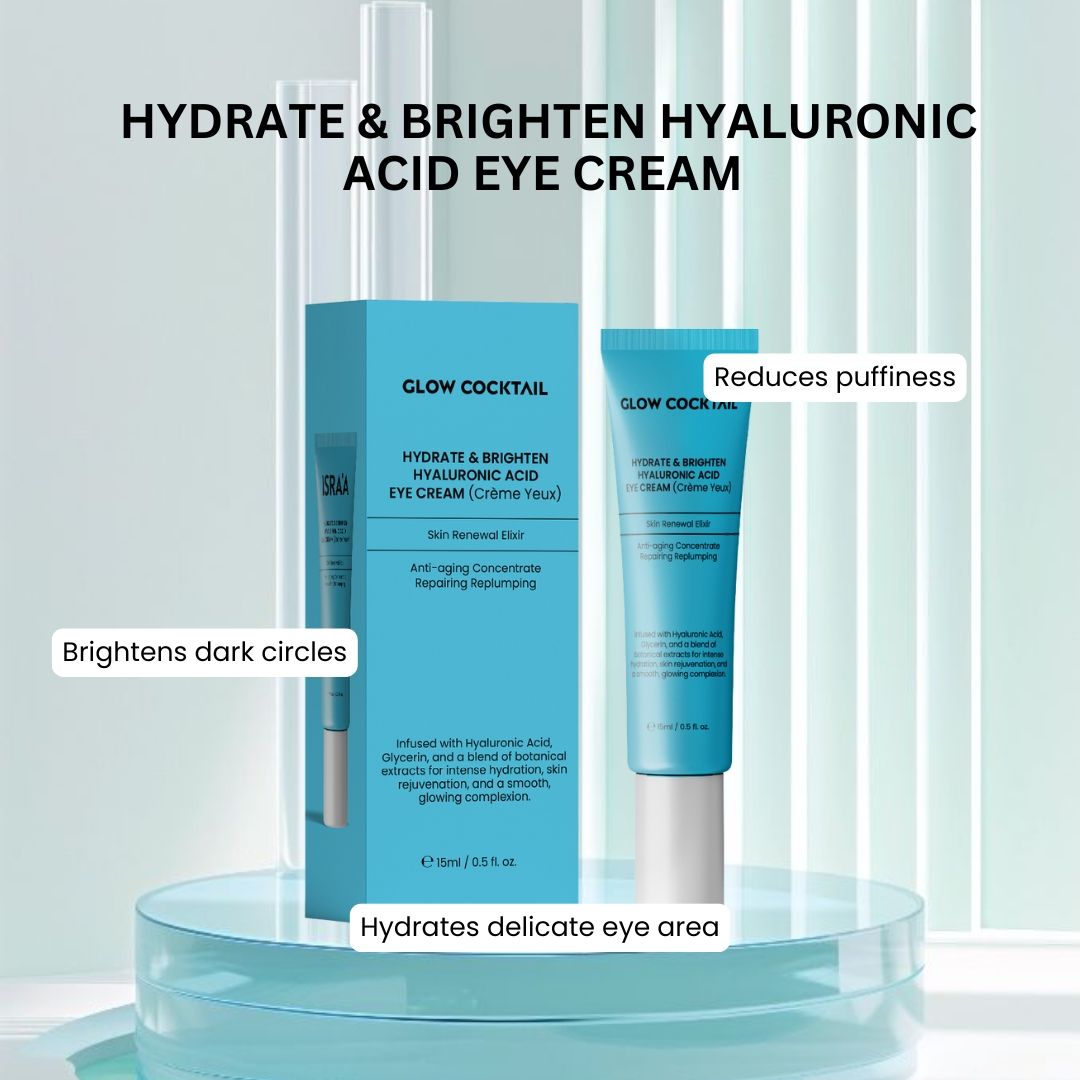 Türkisblaue Tube und Schachtel. Aufschrift: Glow Cocktail, Hydrate & Brighten Hyaluronic Acid Eye Cream. Text: Reduziert Schwellungen.