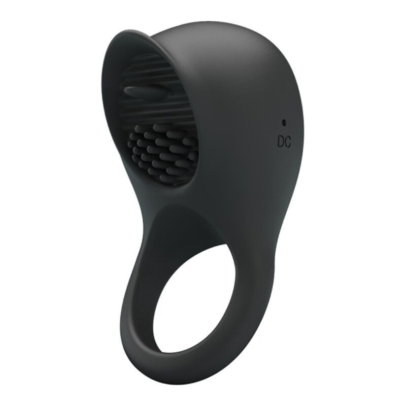 Schwarzer Penisring mit Zunge und Noppen. Mit Ring für die Basis. Aus Silikon.