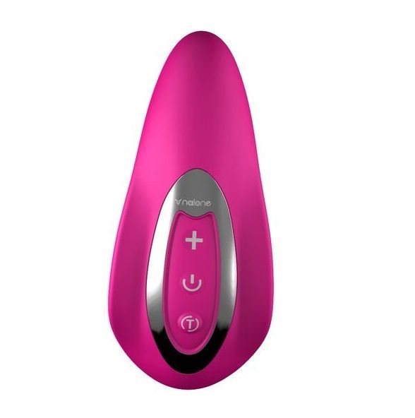 Pinkfarbener Stimulator mit ovaler Form. Silberne Akzente und drei Knöpfe. Marke Nalone.