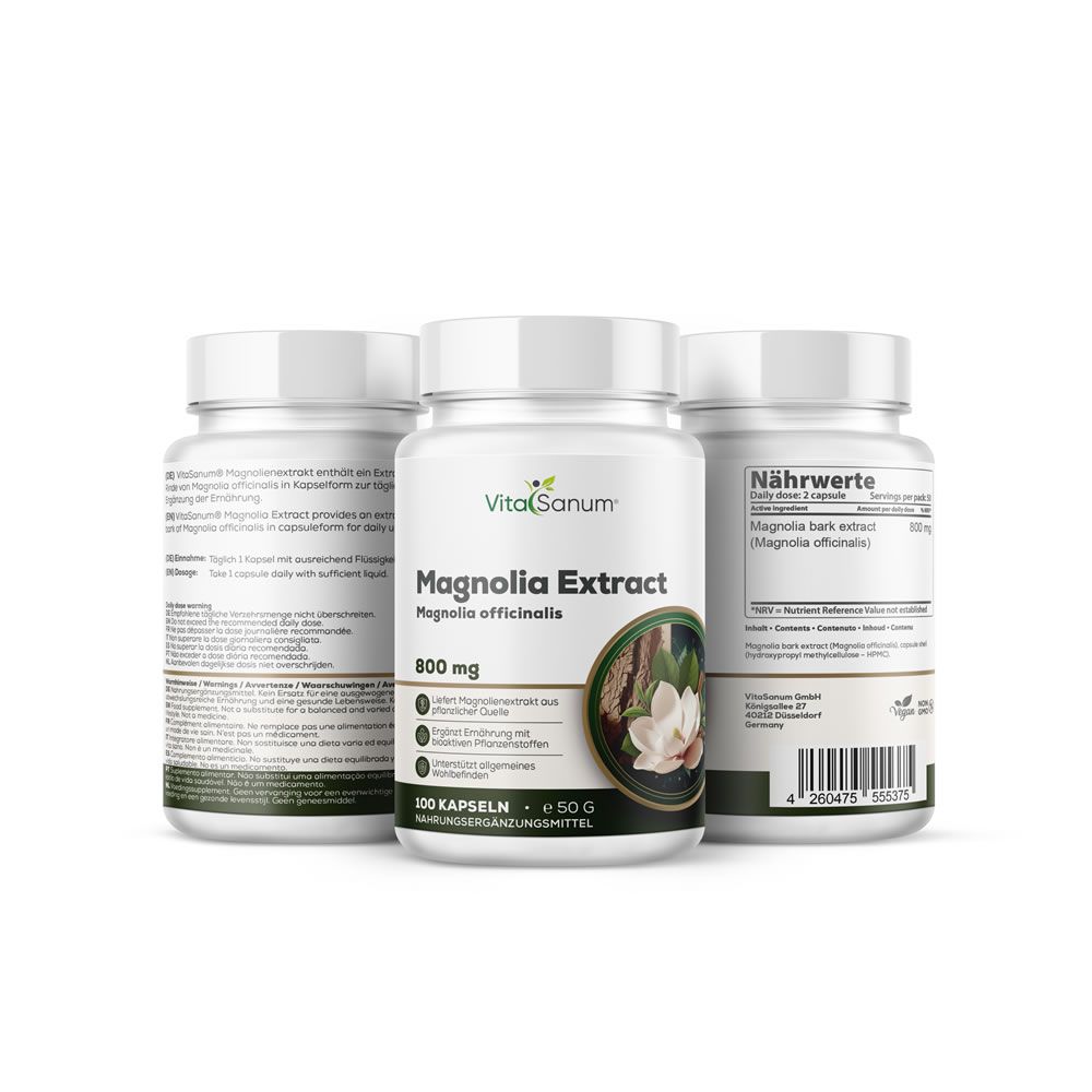 Drei weiße Flaschen VitaSanum Magnolia Extract. Aufschrift: 800 mg, 100 Kapseln. Abbildung einer Magnolienblüte.