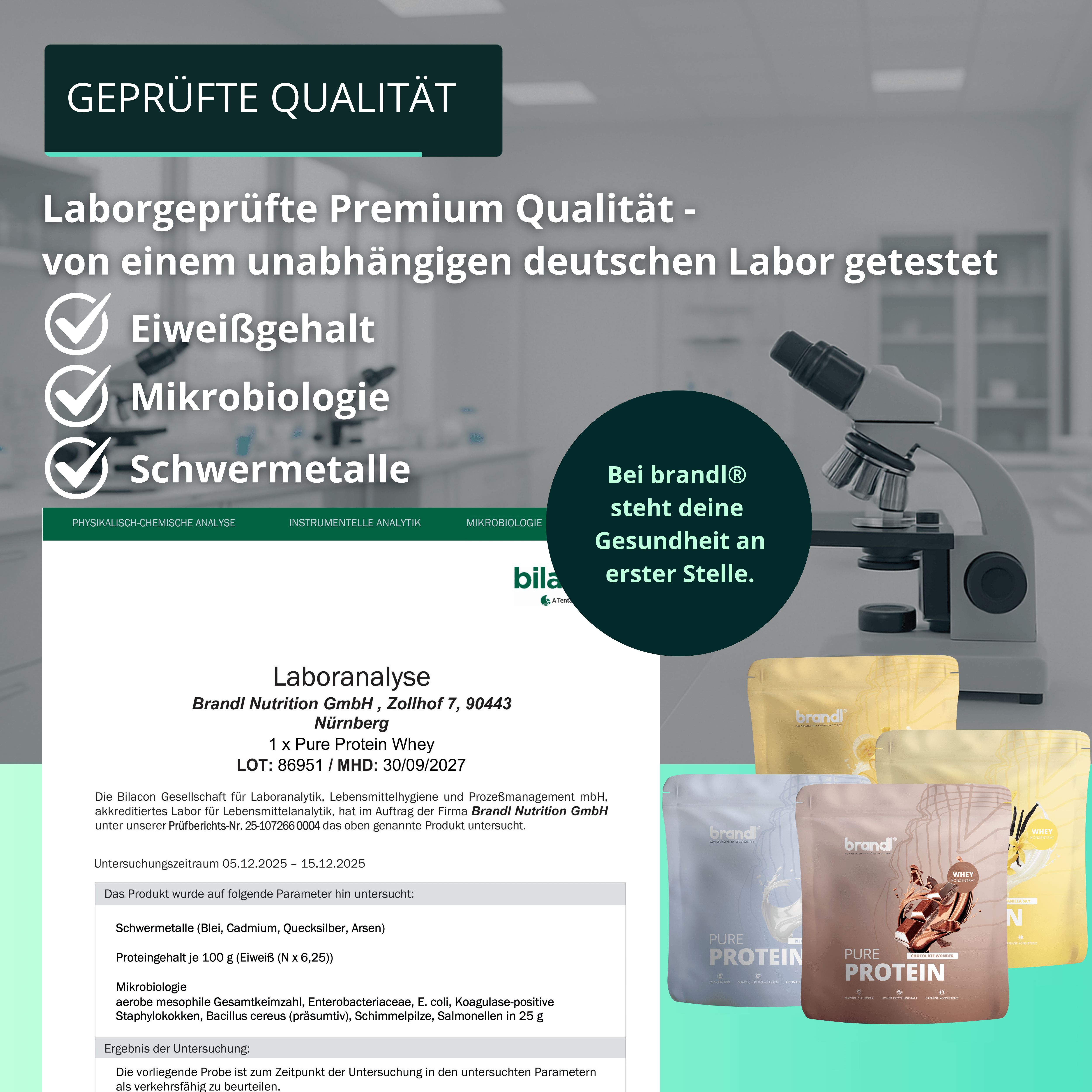 Laboranalyse, Mikroskop, Beutel brandl® Pure Protein. Text: Laborgeprüfte Premium Qualität, Eiweißgehalt, Mikrobiologie, Schwermetalle.