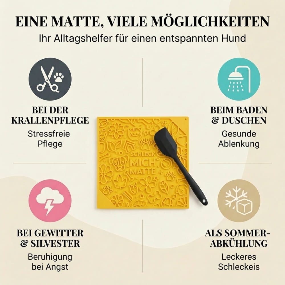 Gelbe Leckmatte mit Spatel. Icons: Krallenpflege, Baden & Duschen, Gewitter, Sommerabkühlung. Text.
