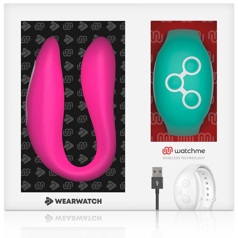 Verpackung mit pinkem Wearwatch Dual-Technologie-Vibrator und türkisfarbenem Armband.