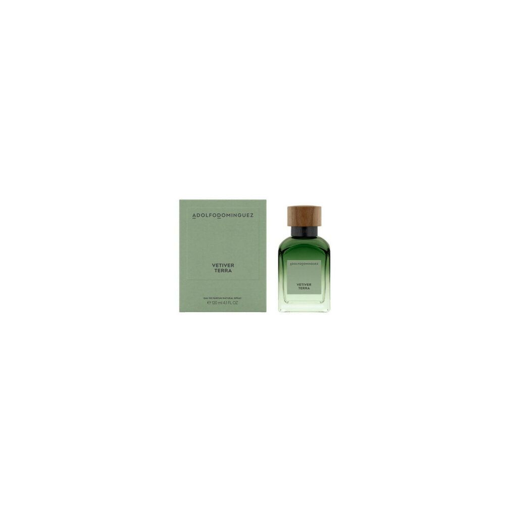 Grüne Glasflasche und Schachtel. Aufschrift: VETIVER TERRA. Marke: ADOLFODOMINGUEZ. Flasche mit Holzdeckel.