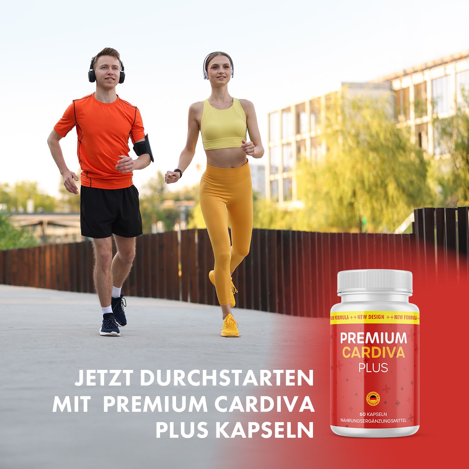 Zwei Personen joggen. Flasche mit rotem Etikett: PREMIUM CARDIVA PLUS. Text: JETZT DURCHSTARTEN MIT PREMIUM CARDIVA PLUS KAPSELN.