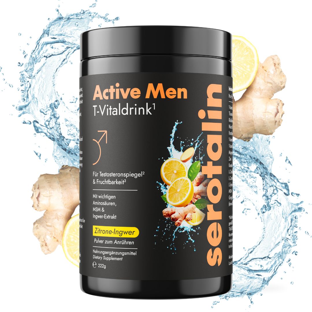 Schwarze Dose mit "Active Men T-Vitaldrink" und "serotalin" Schriftzug. Zitronen, Ingwer und Wasser-Effekt.