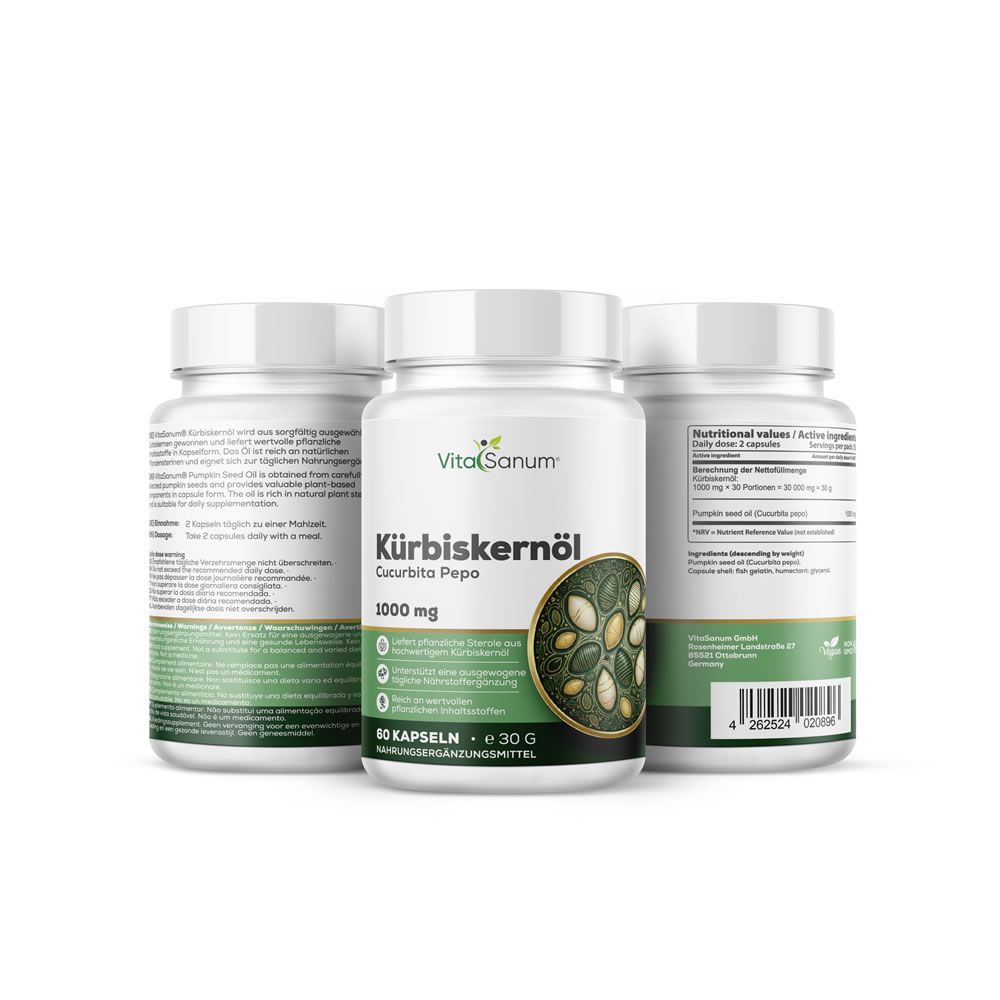 Drei Flaschen Kürbiskernöl-Kapseln von VitaSanum, 1000 mg pro Kapsel, 60 Kapseln.