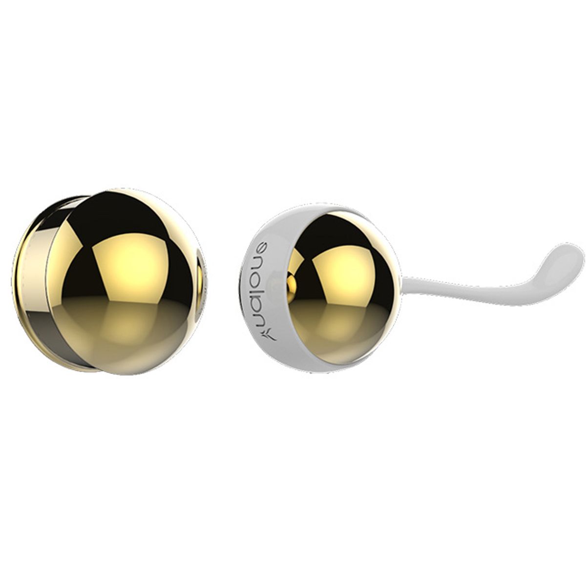 Zwei Kugeln, eine mit goldenem, eine mit blauem Inneren, verbunden durch einen weißen Stiel. Auf weißem Hintergrund.