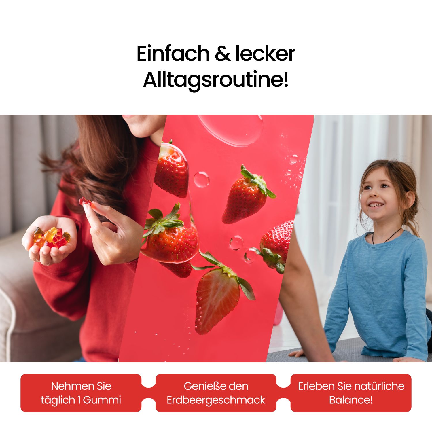 Frau gibt einem Kind Gummibärchen, daneben Erdbeeren und Text.