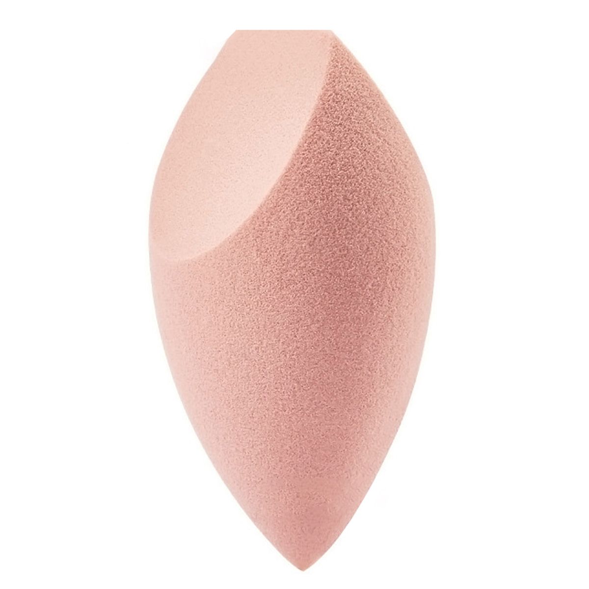 Rosafarbener Make-up-Schwamm in Tropfenform. Eine Seite ist abgeschrägt.