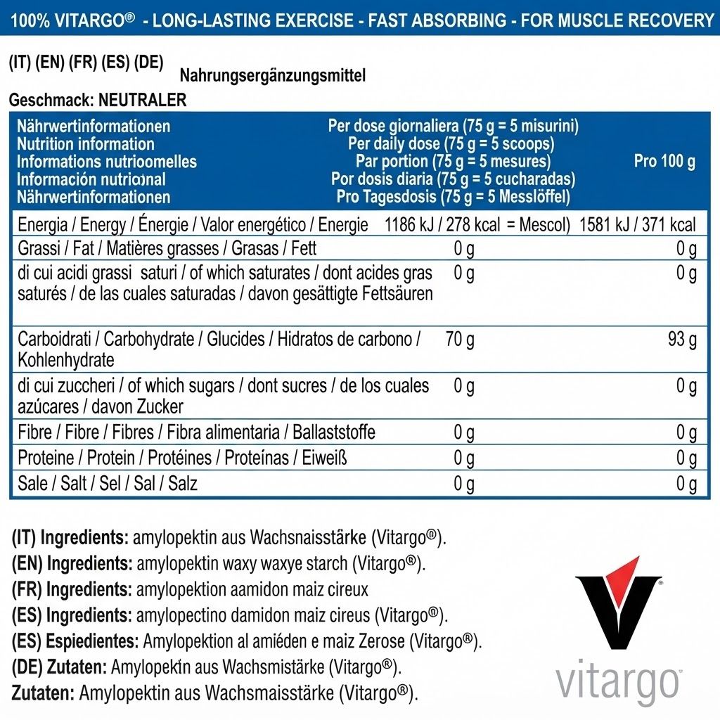 Rückseite einer Vitargo-Verpackung mit Nährwertangaben für Kohlenhydrate und Zutatenliste.