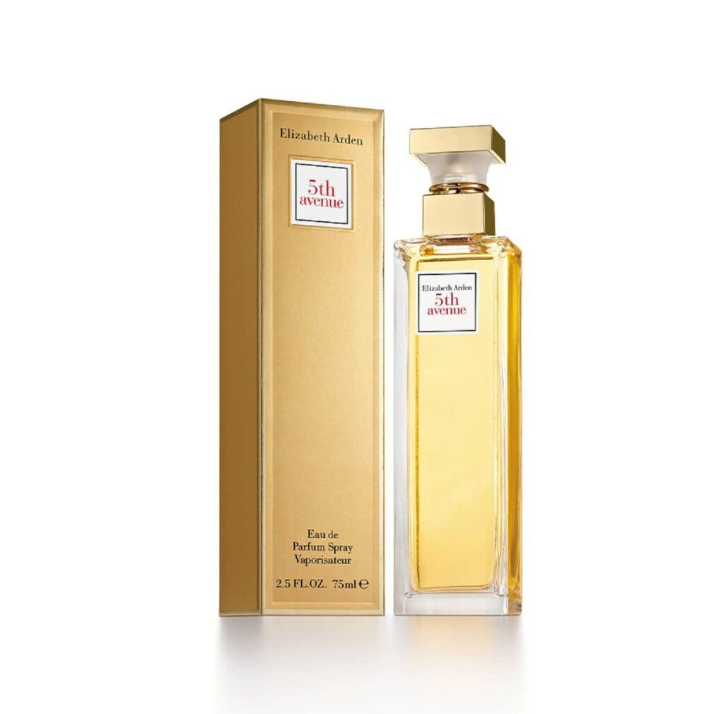 Parfümflakon und goldfarbene Schachtel. Auf der Schachtel steht Elizabeth Arden 5th avenue. Flakon rechteckig.