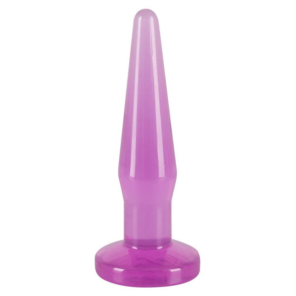 Violett farbener Anal-Plug. Kegelförmiger Schaft mit breiter Basis. Material: transparent.
