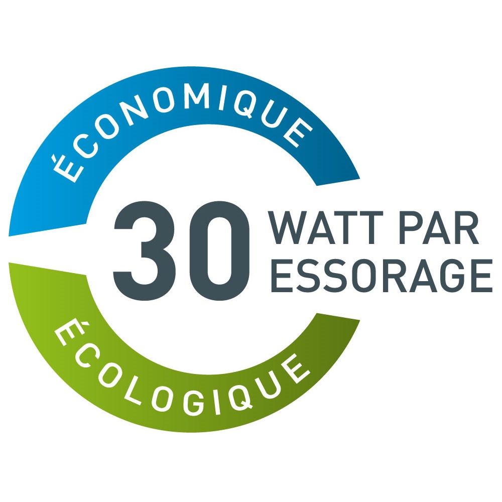 Kreisförmiges Logo mit Text: "ÉCONOMIQUE ÉCOLOGIQUE 30 WATT PAR ESSORAGE". Blau und grün.