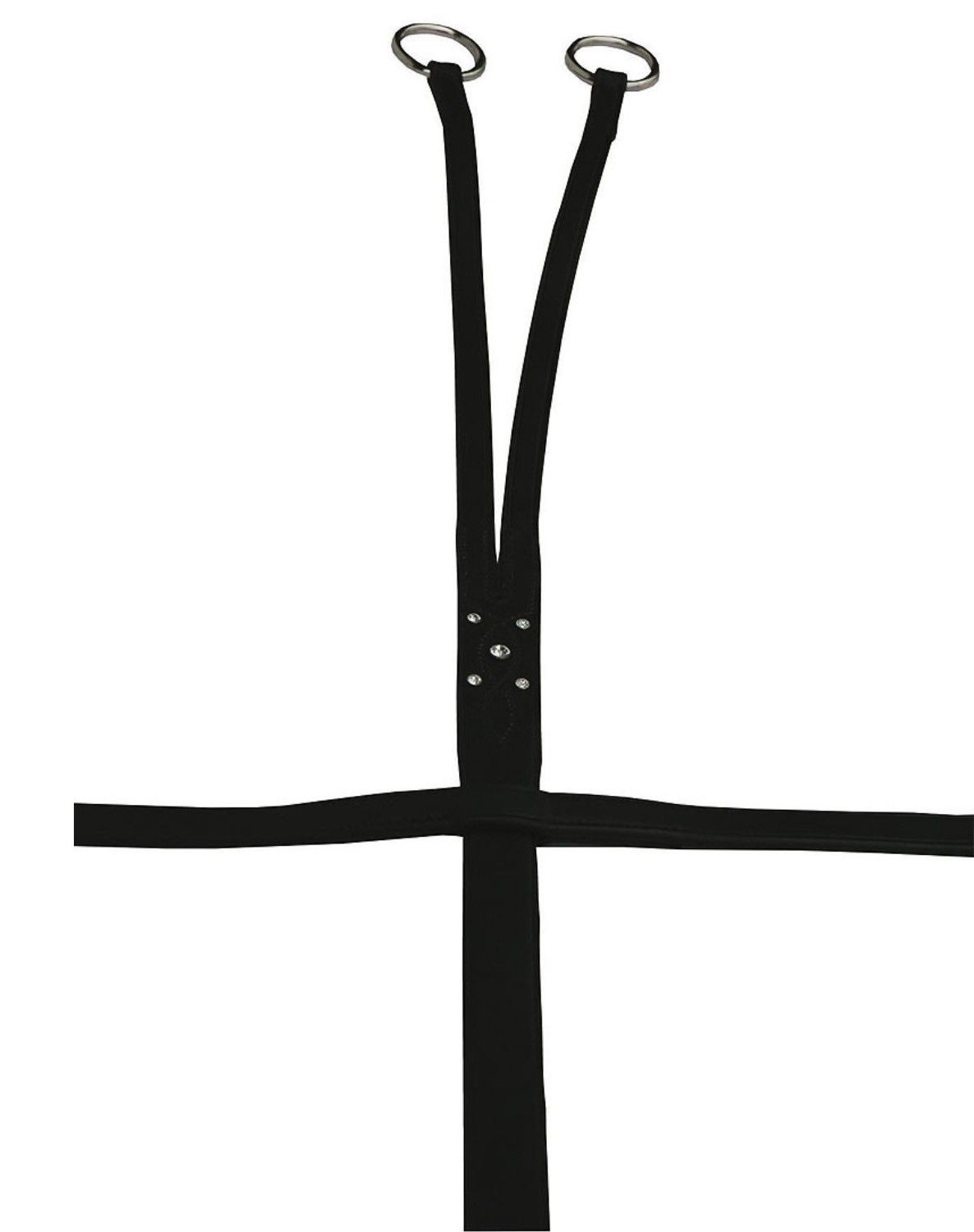 Schwarzes Martingal mit Metallringen und Befestigungen. Detailansicht.