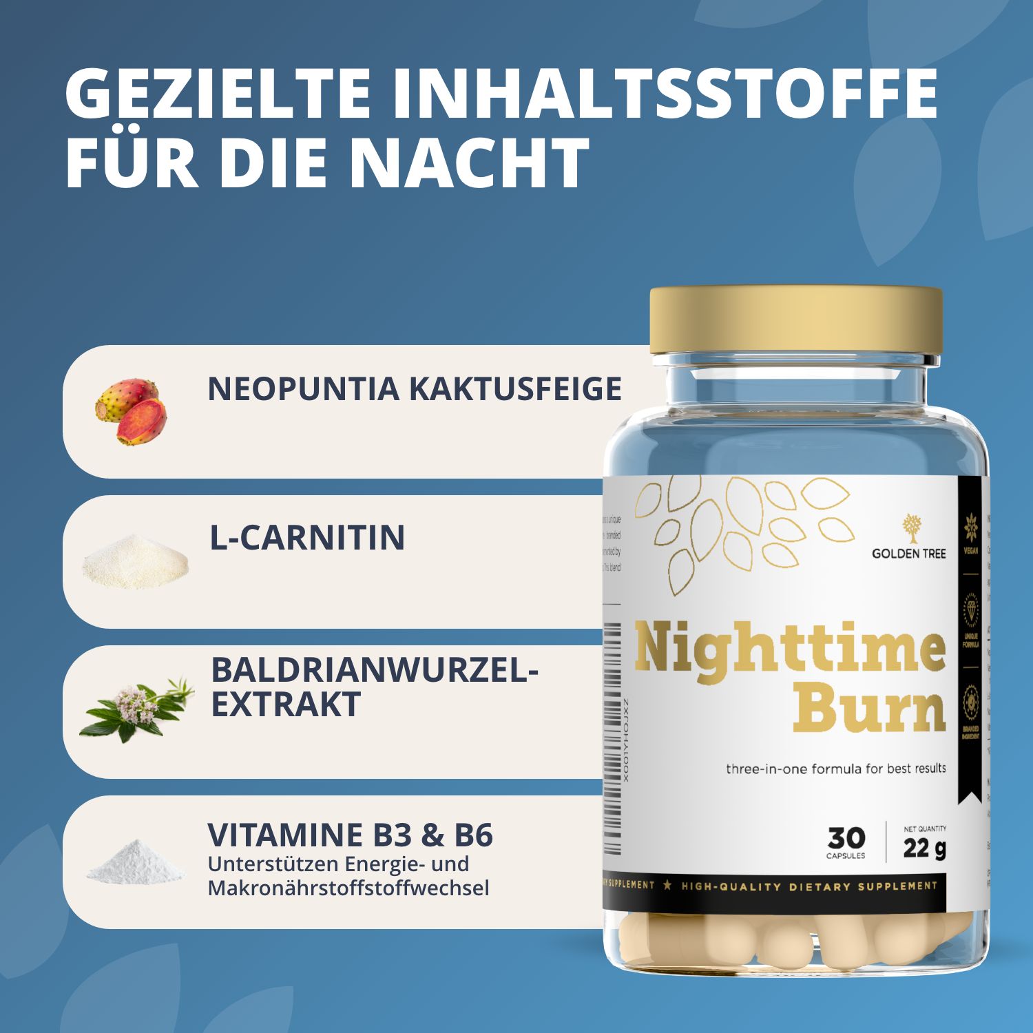 Flasche mit Kapseln und Liste der Inhaltsstoffe wie Neopuntia, L-Carnitin, Baldrianwurzel-Extrakt, Vitamine B3 & B6.