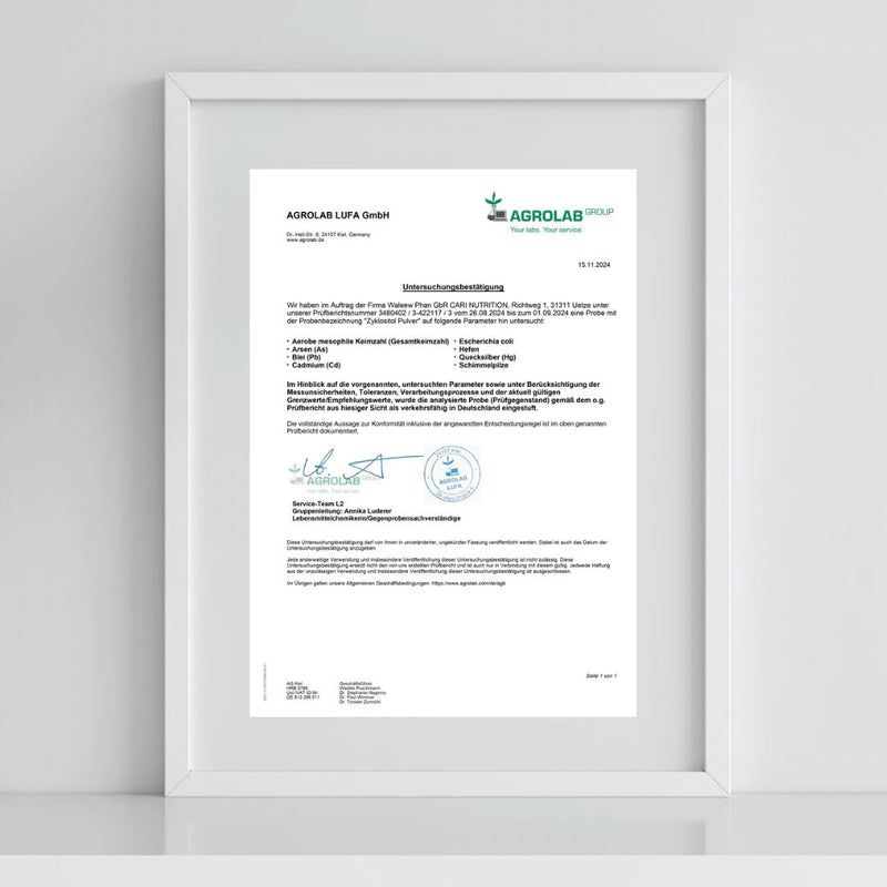 Laborbericht von Agrolab für CARI Nutrition, bestätigt die Analyse von ZYKLOSITOL Pulver.