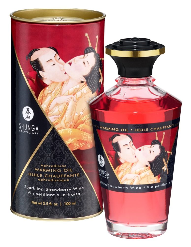 Rote Glasflasche und Dose. Aufdruck: Shunga, Warming Oil, Erdbeer-Aroma. Abbildung: küssendes Paar. Dose mit Deckel.