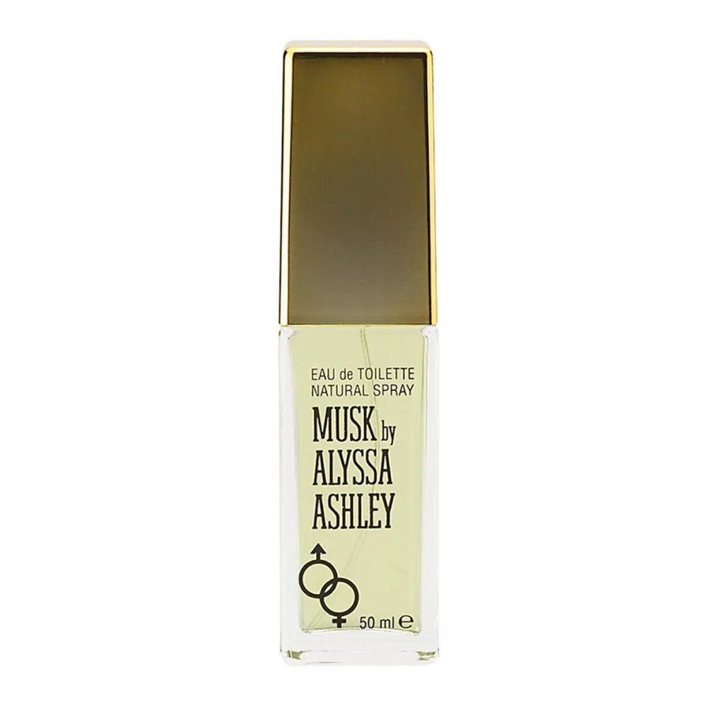 Alyssa Ashley Musk Eau de Toilette Spray, 50 ml. Rechteckiger Flakon mit goldfarbenem Deckel. Logo und Symbol.