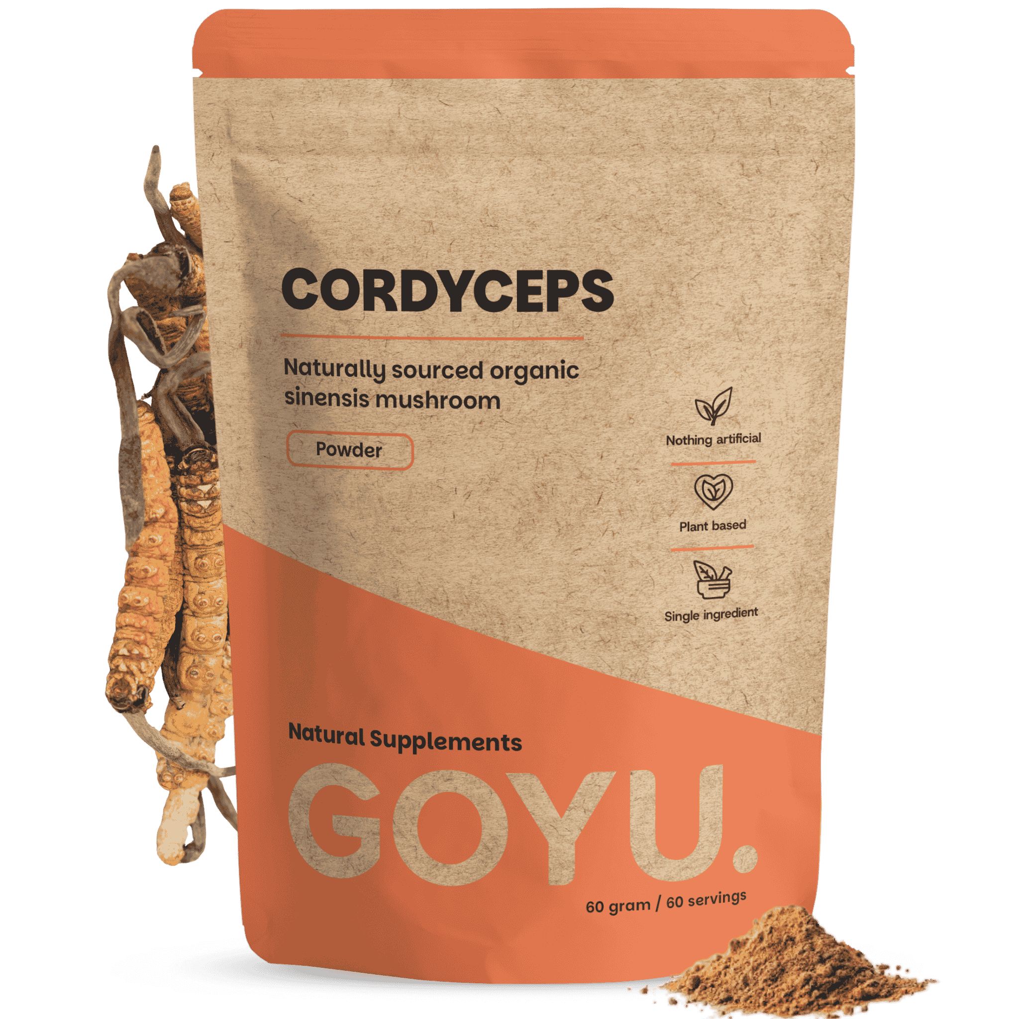 Braune Papiertüte mit Cordyceps-Pulver, organisch, natürlich gewonnen, 60g. Marke GOYU.