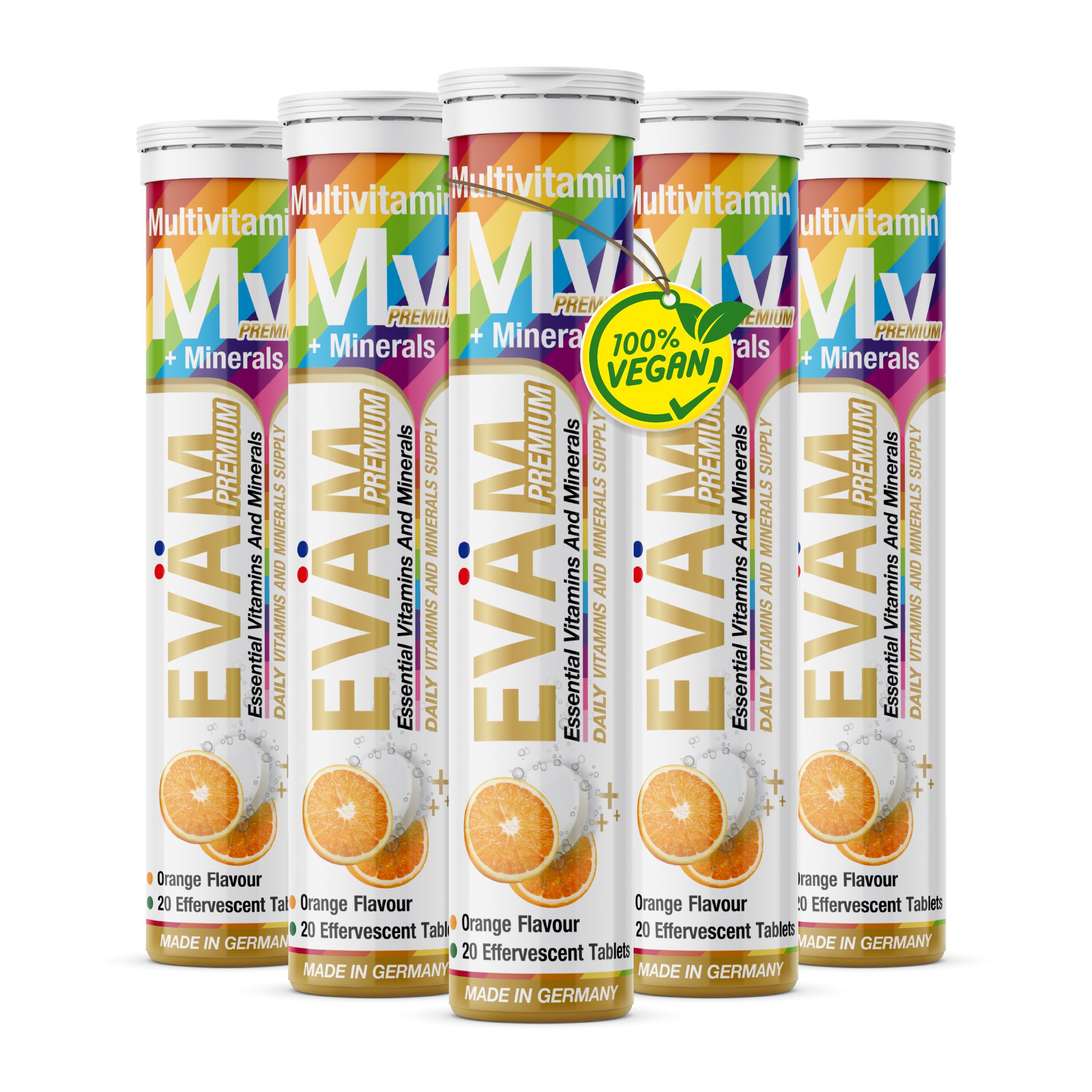 Fünf Tuben EVÄM Multivitamin + Mineralien. Jede Tube enthält 20 Brausetabletten mit Orangengeschmack. Vegan-Siegel.