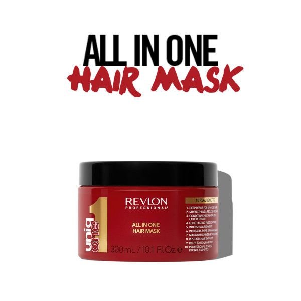 Rote Dose mit schwarzem Deckel. Aufschrift: Revlon Professional UniqOne, All in One Hair Mask. 300ml/10.1 Fl.Oz.e. Text: All in One Hair Mask.