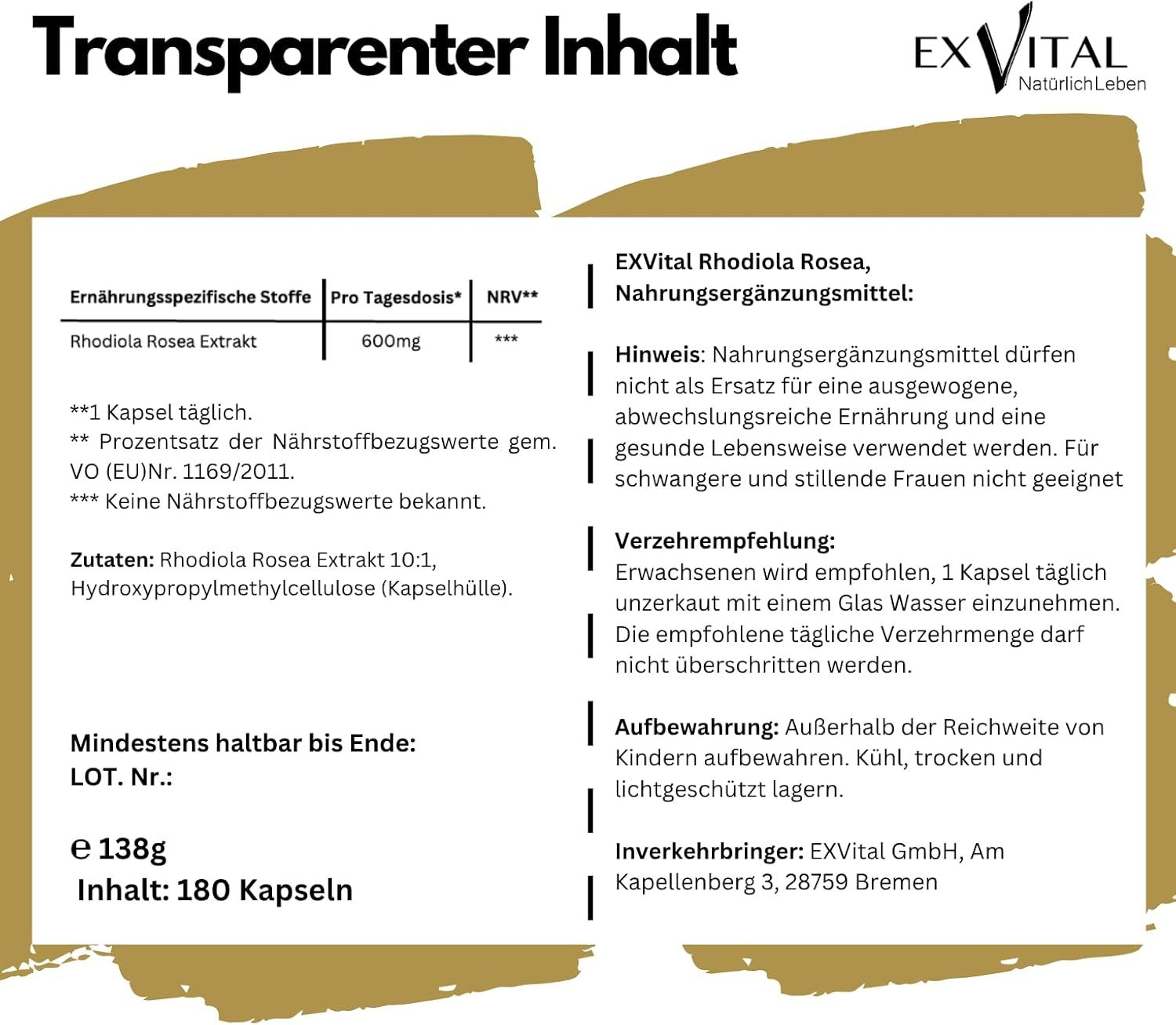 Text auf weißem Hintergrund. Informationen zu Inhaltsstoffen, Dosierung, Anwendung und Hersteller. Enthält 180 Kapseln.