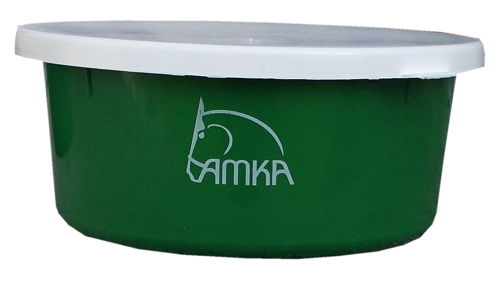Grüne Futterschale mit weißem Deckel. Auf der Schale ist das AMKA Logo mit Pferdekopf abgebildet.