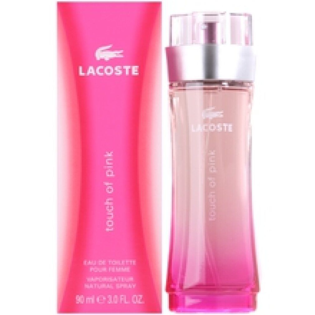 Flakon und Verpackung von LACOSTE Touch of Pink. Rosa Farbverlauf, silberner Deckel. Logo und Schriftzug.