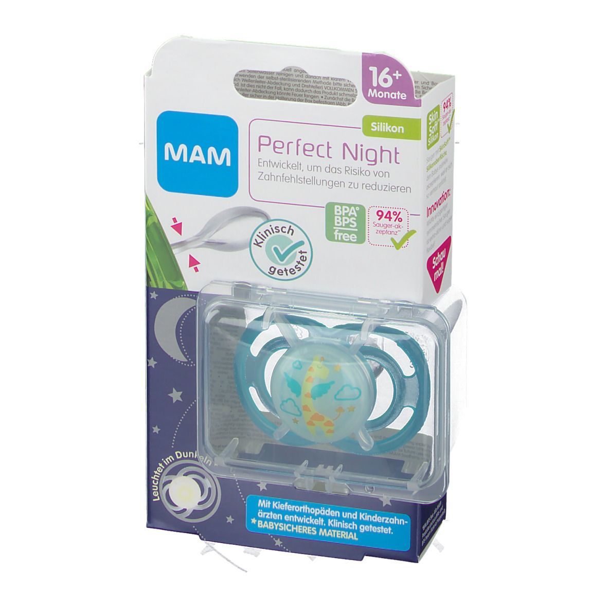 MAM Perfect Night Silikon 16+ Monate Schnuller (Farbe/Motiv nicht wählbar)