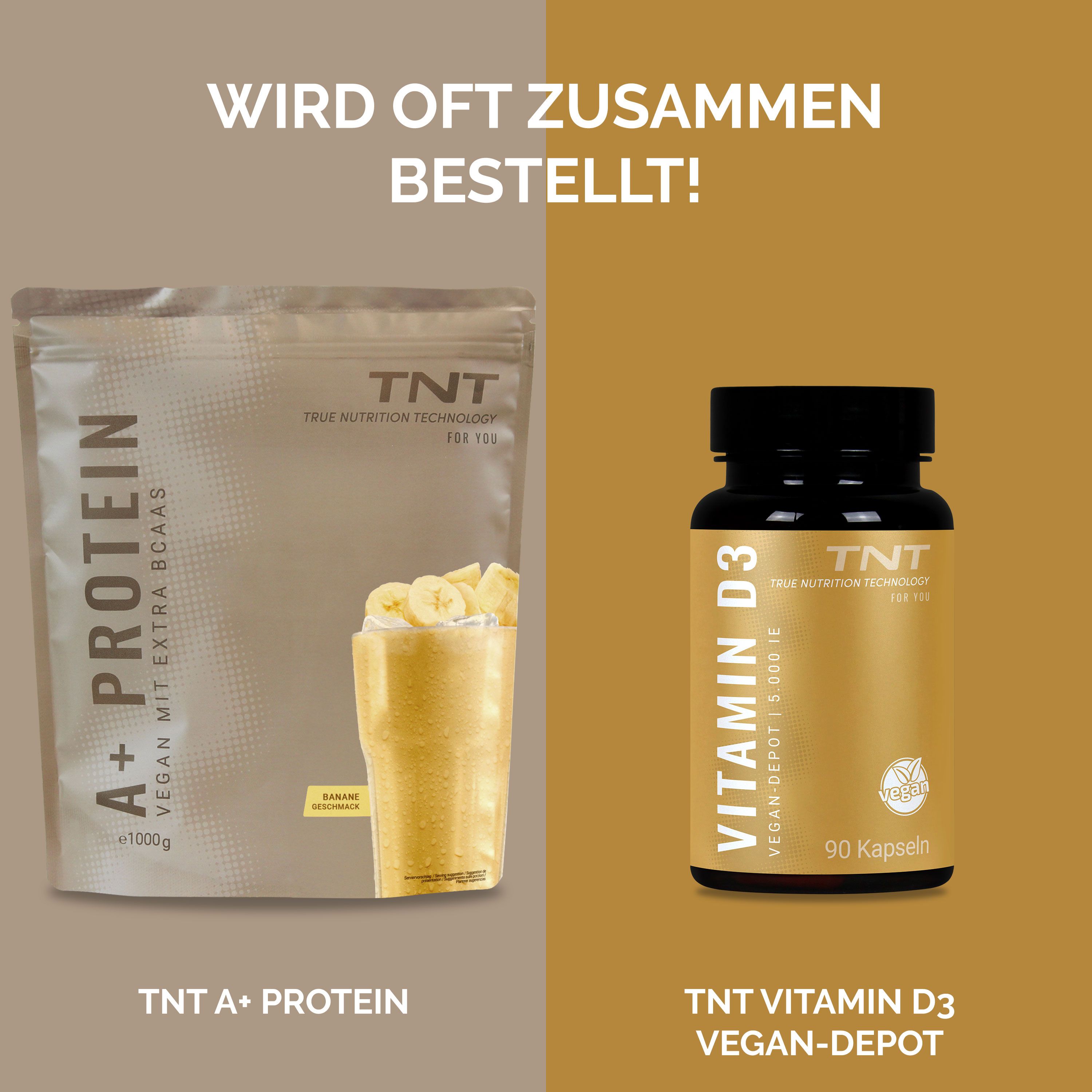 Vergleich von TNT A+ Protein (Banane) und TNT Vitamin D3 Kapseln. Beide Produkte sind vegan.