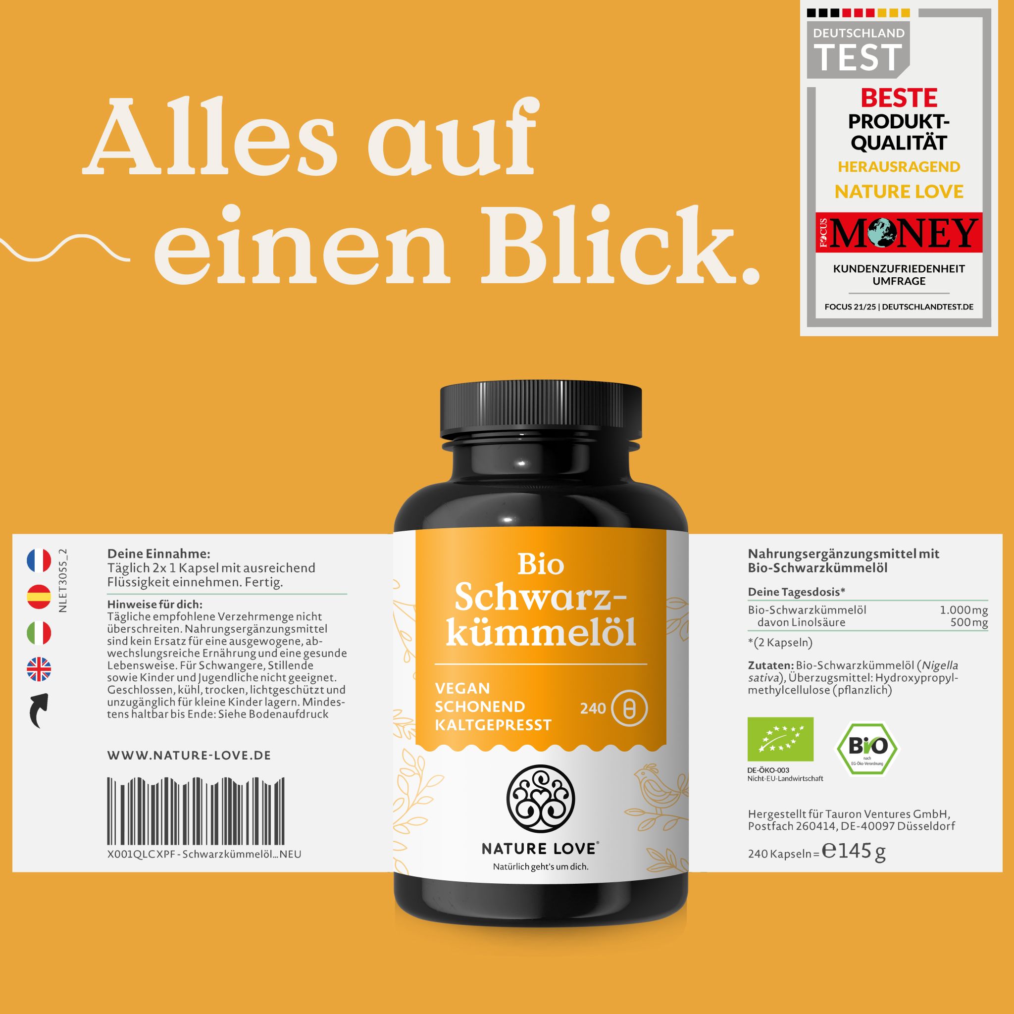 Flasche Bio-Schwarzkümmelöl. 240 Kapseln. Siegel: "Deutschland Test", "Beste Produkt-Qualität", "Nature Love", "Money".