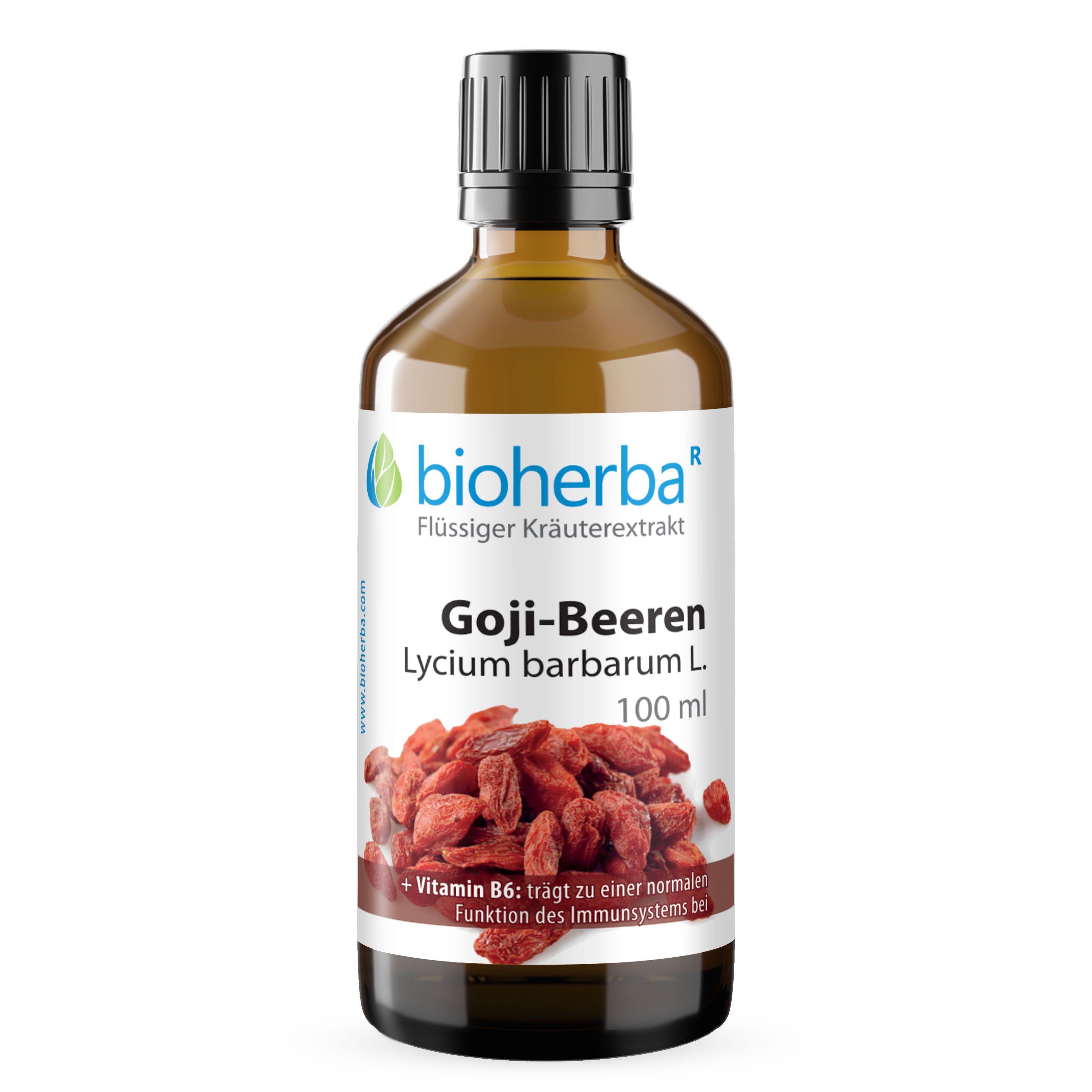 Braune Glasflasche mit schwarzem Deckel. Etikett mit Bioherba Logo, Goji-Beeren-Abbildung und Produktbezeichnung. 100 ml.