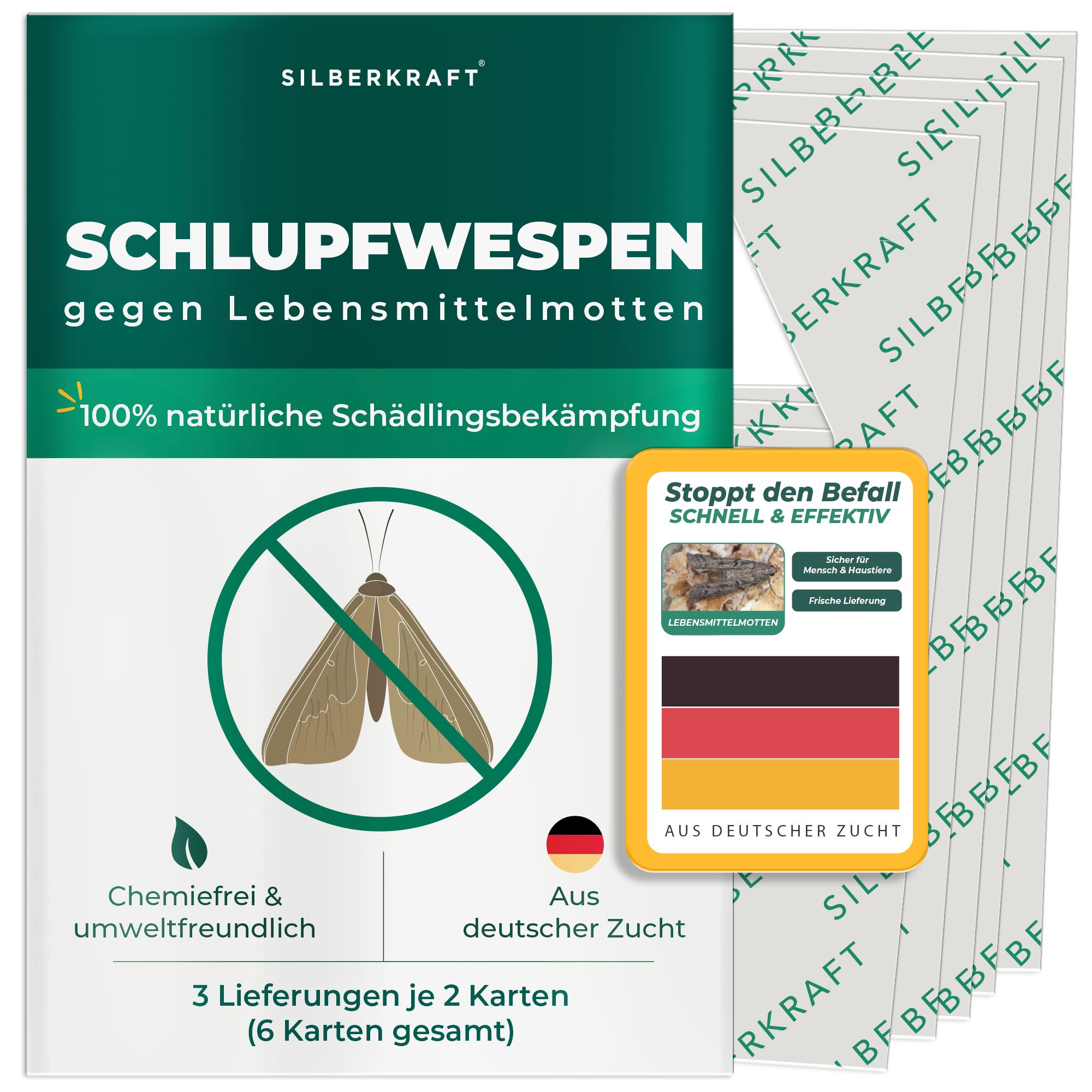 Schlupfwespen-Karten gegen Lebensmittelmotten, 100% natürliche Schädlingsbekämpfung, chemiefrei, 6 Karten gesamt.